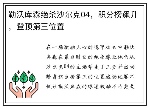 勒沃库森绝杀沙尔克04，积分榜飙升，登顶第三位置